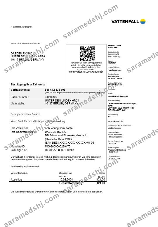 Germany VATTENFALL business utility bill template in Word and PDF formats